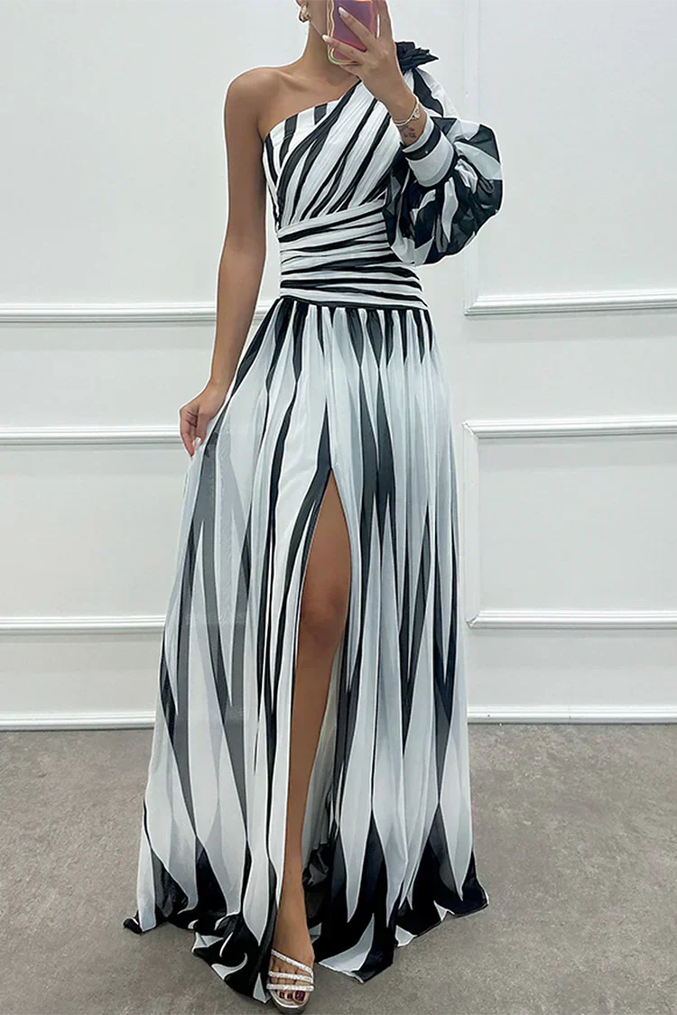Shiloh - Rochie elegantă lungă cu dungi și o singură umăr