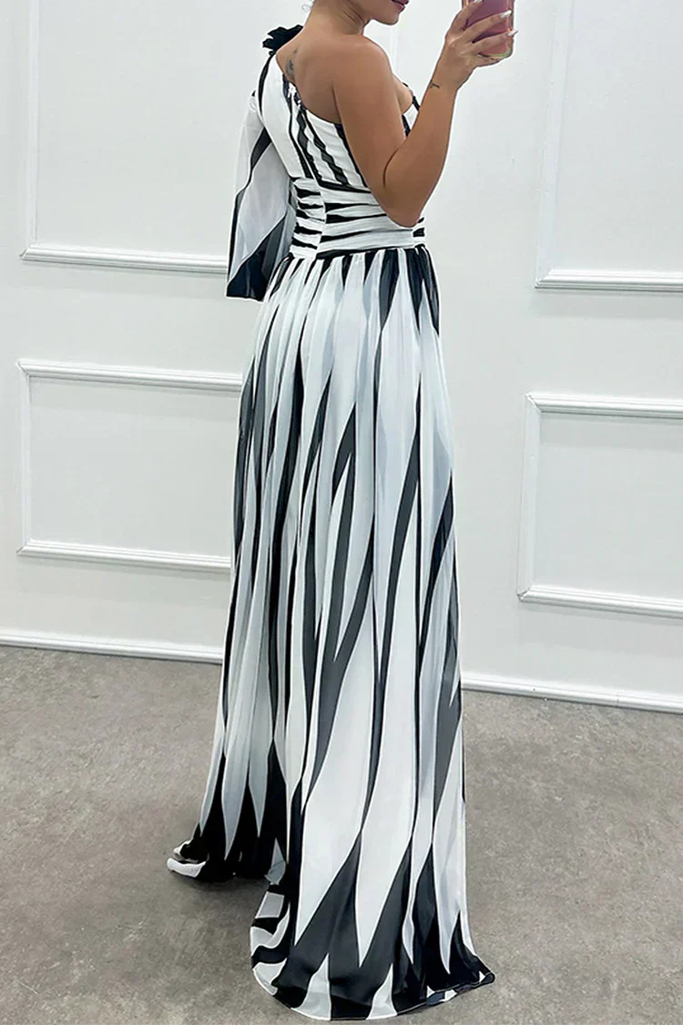 Shiloh - Rochie elegantă lungă cu dungi și o singură umăr