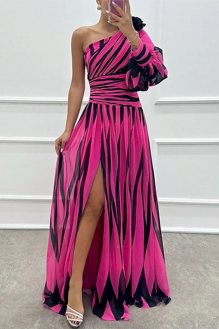Shiloh - Rochie elegantă lungă cu dungi și o singură umăr
