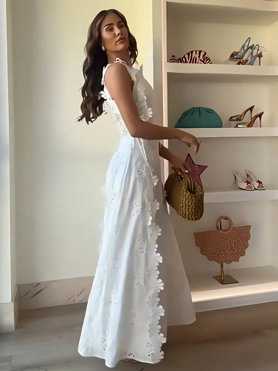 Éliora – Rochie lungă cu bretele legate și motiv floral din dantelă