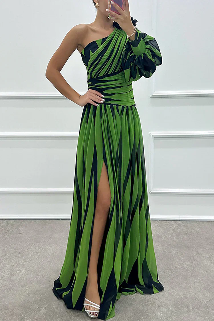 Shiloh - Rochie elegantă lungă cu dungi și o singură umăr