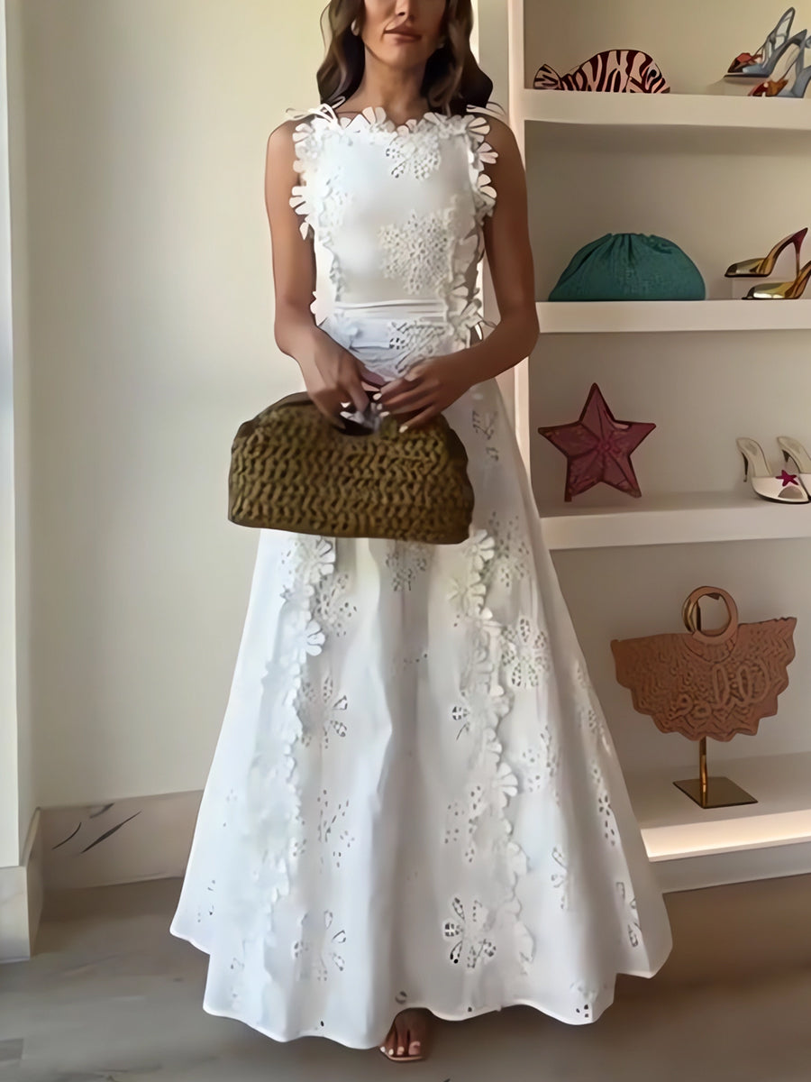 Éliora – Rochie lungă cu bretele legate și motiv floral din dantelă