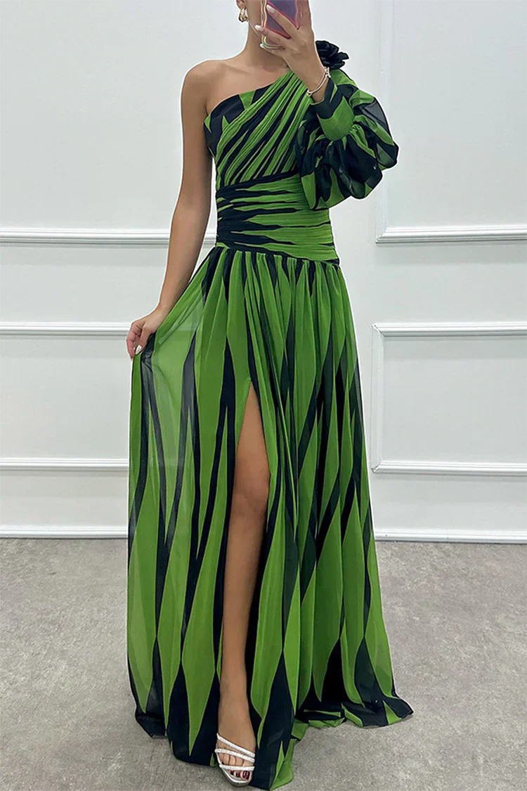 Shiloh - Rochie elegantă lungă cu dungi și o singură umăr