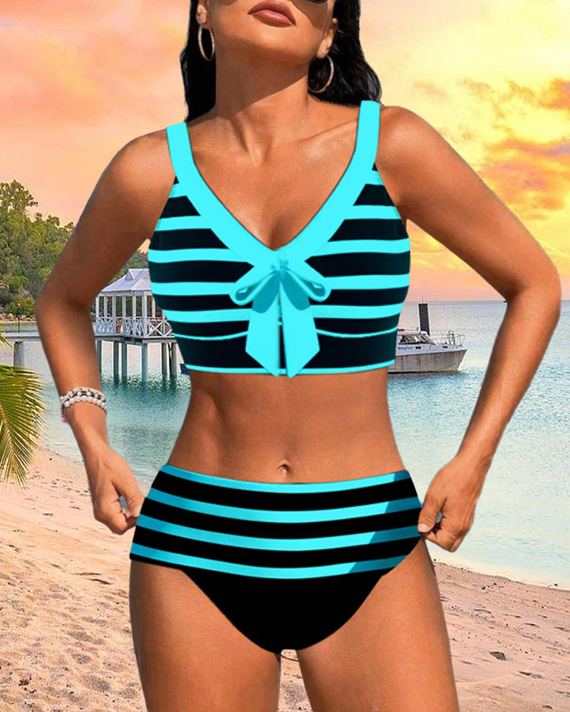 Ana| Bikini cu dungi și talie înaltă