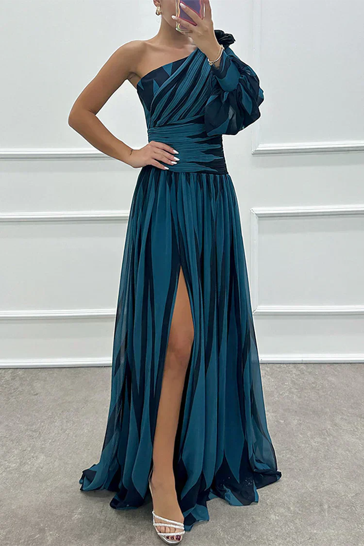 Shiloh - Rochie elegantă lungă cu dungi și o singură umăr