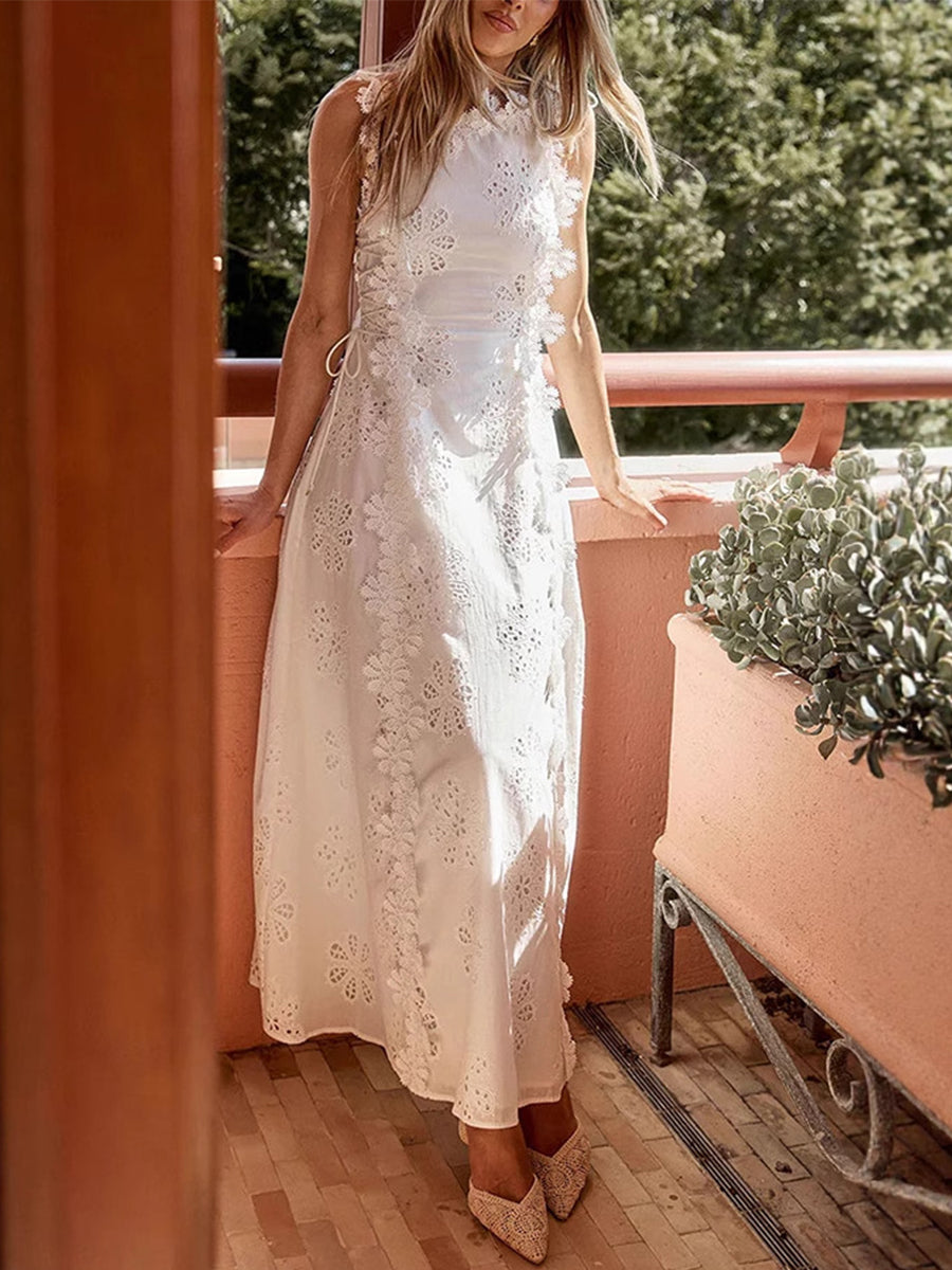 Éliora – Rochie lungă cu bretele legate și motiv floral din dantelă