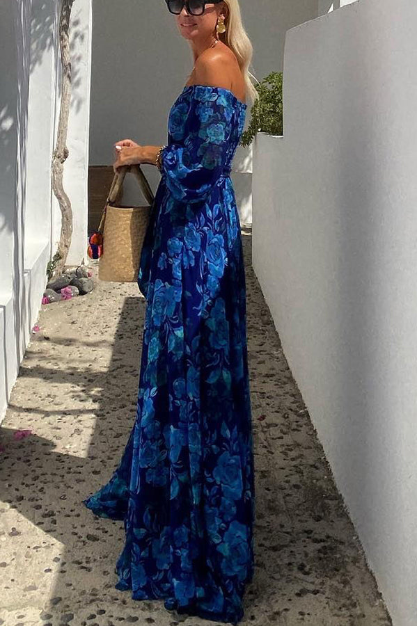Francesca - Rochie lungă florală cu umeri descoperiți
