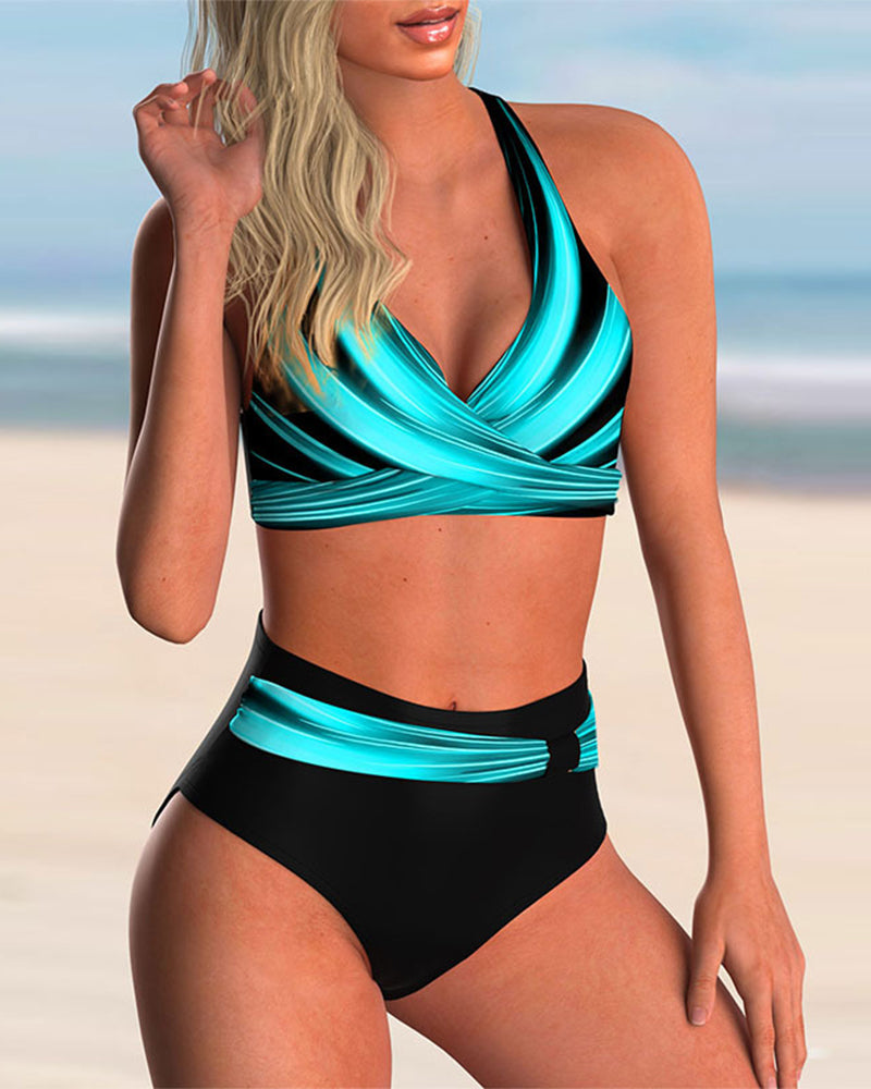Liliana - Set Bikini cu Decolteu în Cruce și Print