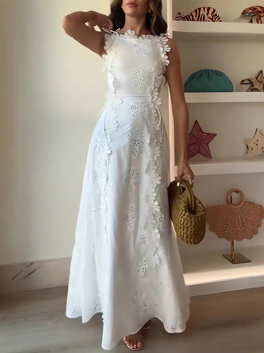 Éliora – Rochie lungă cu bretele legate și motiv floral din dantelă
