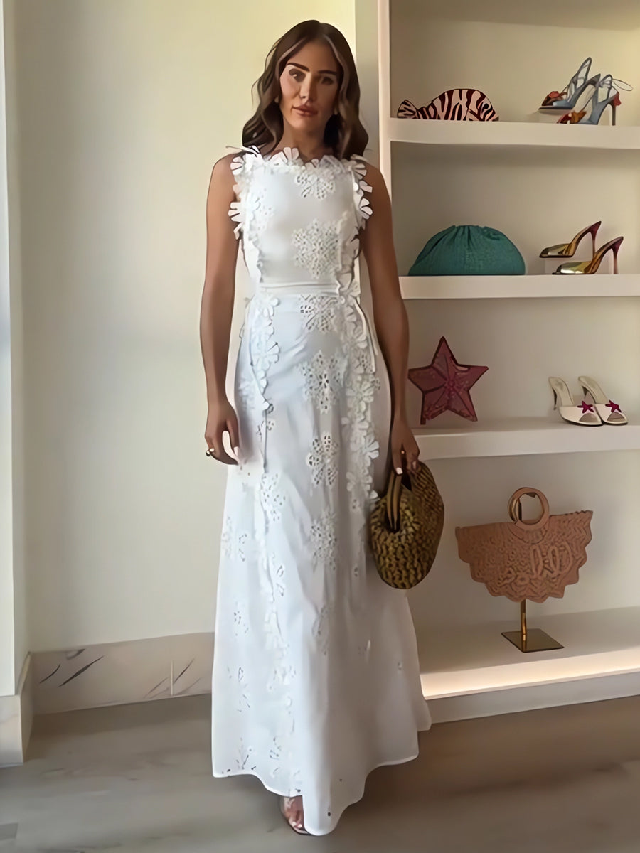 Éliora – Rochie lungă cu bretele legate și motiv floral din dantelă