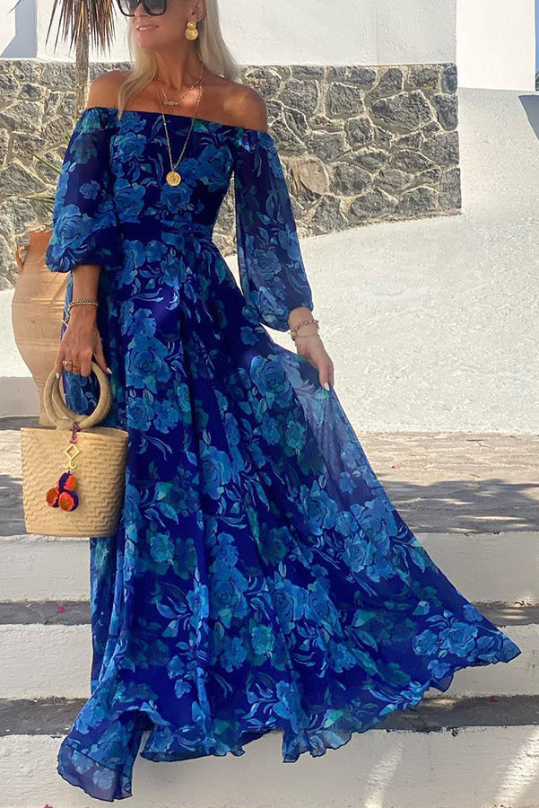 Francesca - Rochie lungă florală cu umeri descoperiți