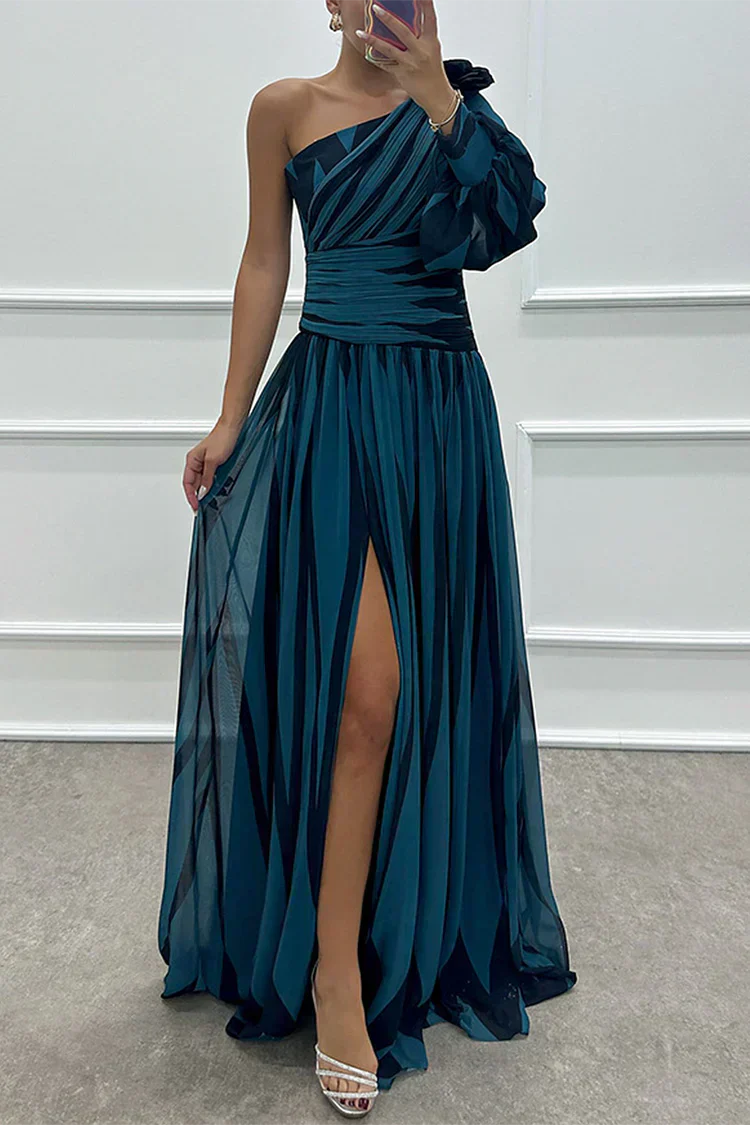 Shiloh - Rochie elegantă lungă cu dungi și o singură umăr