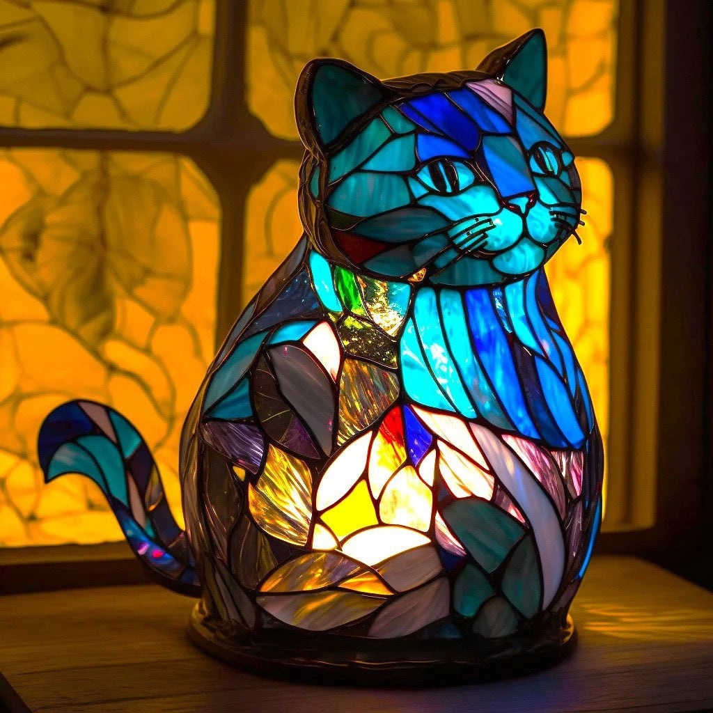 Nala | Lampă de sticlă colorată în formă de pisică cu o atmosferă magică