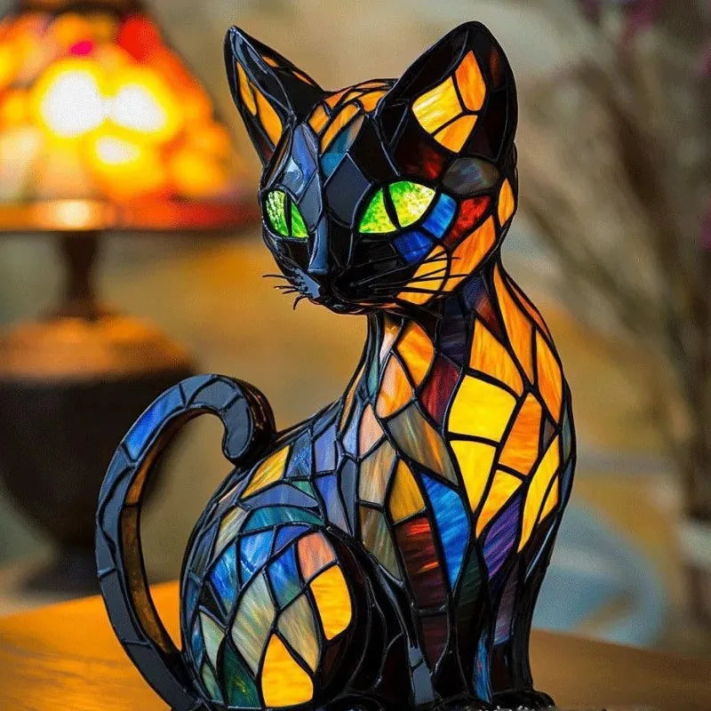 Minette | Lampă din sticlă colorată cu un motiv magic de pisică