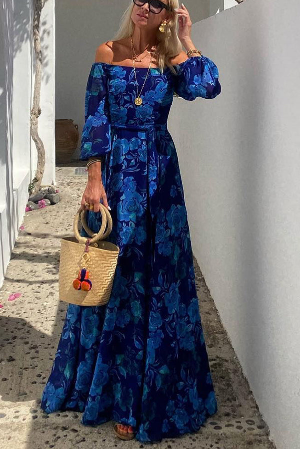 Francesca - Rochie lungă florală cu umeri descoperiți