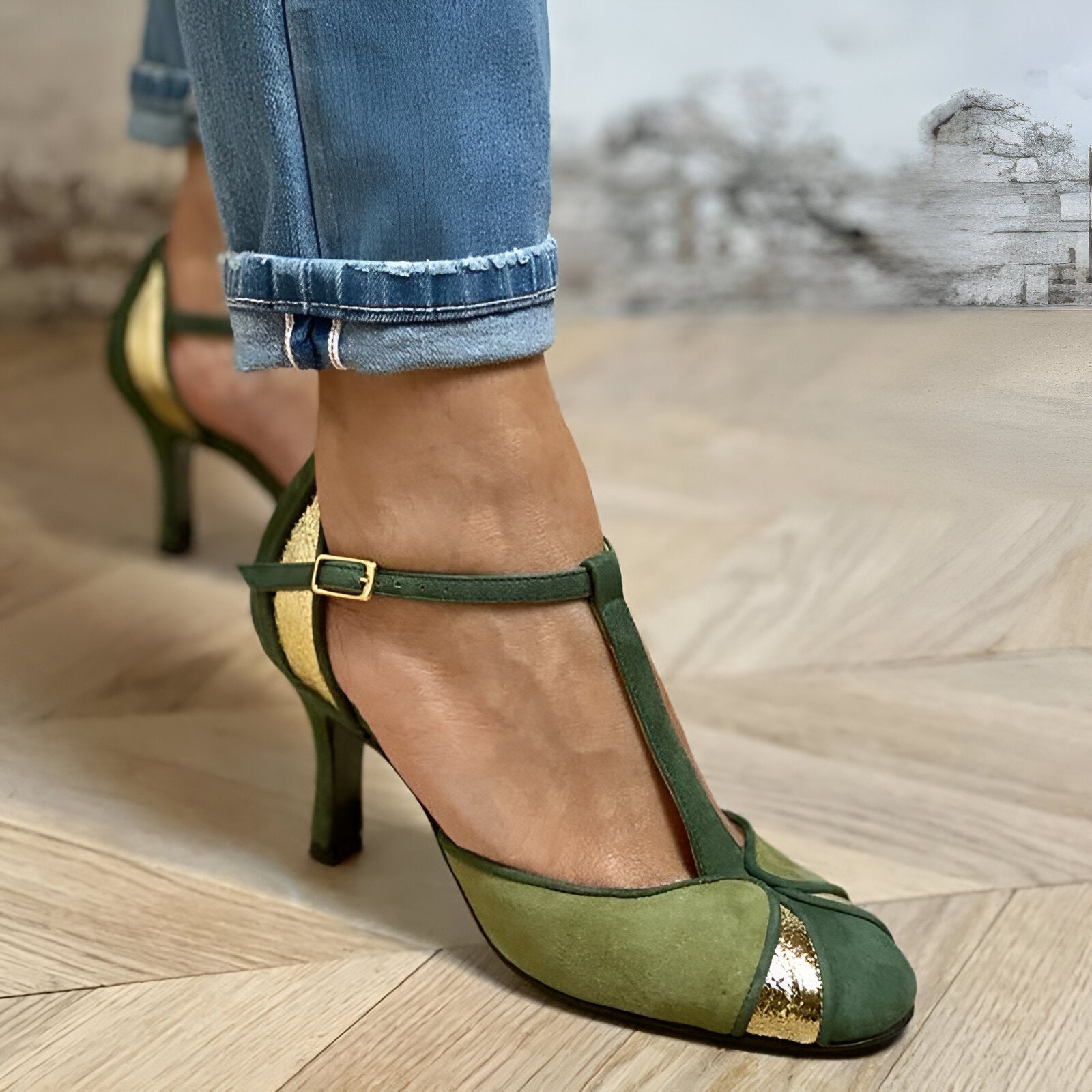 Rafaela – Pantofi cu toc T-Strap din patchwork