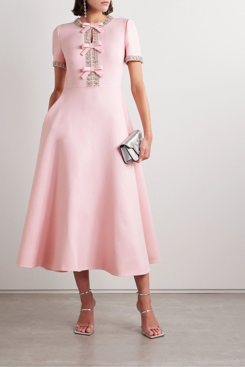 Rochie midi Zoe Bowknot roz împodobită cu cristale